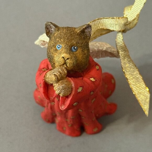 Vintage Cat Kitten Christmas Ornament Figurine Anthropomorphic Angel Signed Red - Picture 3 of 4